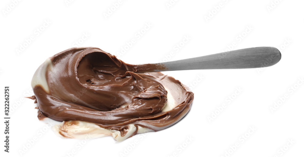 Chocolate and vanilla cream spread with metal spoon isolated on white background Chocolate and vanilla cream spread with metal spoon isolated on white background