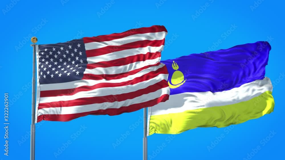 Buryatia and United States flag waving in deep blue sky together. High Definition 3D Render. Buryatia and United States flag waving in deep blue sky together. High Definition 3D Render.