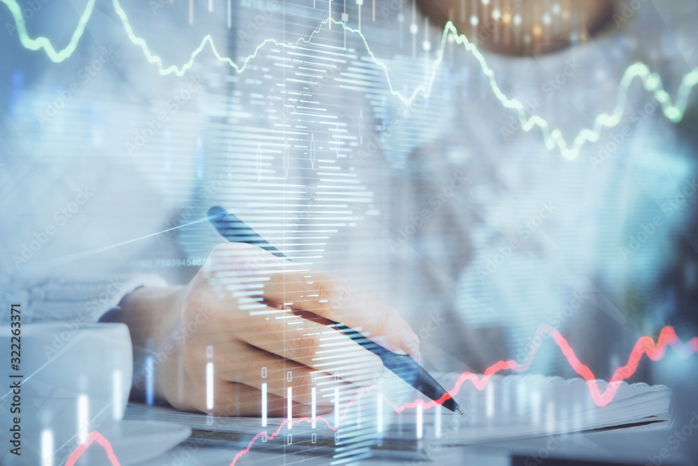 Forex chart displayed on woman's hand taking notes background. Concept of research. Multi exposure