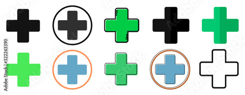 Set Pharmacy icons, flat graphic design template, app icons, plus symbols, cross signs, vector illustration
