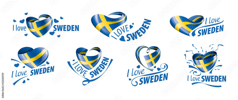 National flag of the Sweden in the shape of a heart and the inscription I love Sweden. Vector illustration