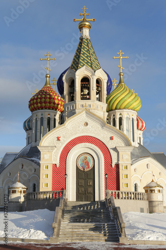 Facade of Orthodox Saint Igor Chernigovsky's church (Church of the Holy Igor of Chernigov) in Novo-Peredelkino, Moscow, Russia. Religious architecture and orthodoxy. Moscow landmark, monument. Culture photo