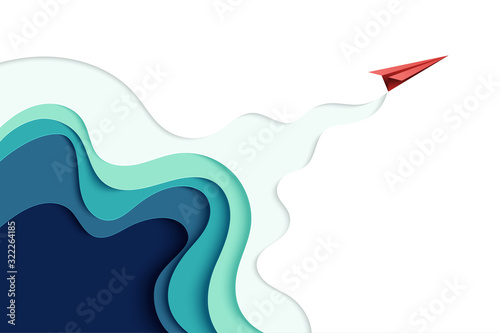 Fototapete Red paper airplane flying on blue paper art abstract background landing page