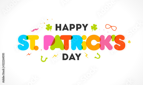 Colorful Happy St. Patrick's Day Text with Shamrock Leaves and Horseshoe on White Background.