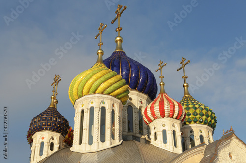 Domes of Orthodox Saint Igor Chernigovsky's church (Church of the Holy Igor of Chernigov) in Novo-Peredelkino, Moscow, Russia. Religious architecture and orthodoxy. Moscow landmark, monument. Culture photo