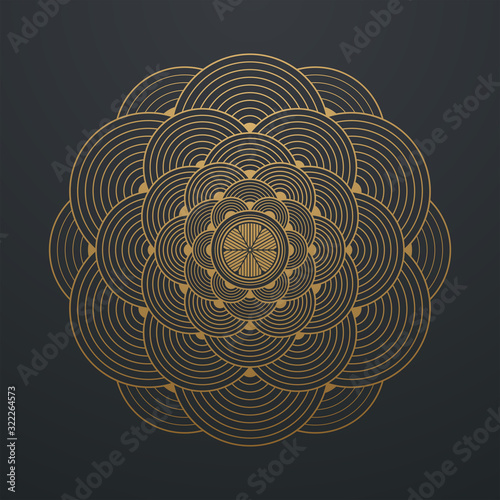 Golden abstract mandala. line art of chinese style. luxury vintage circular on black background. vector illustration