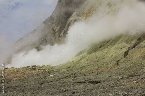 Whakaari / White Island New Zealand active volcano. Moonscape. Andesite stratovolcano Sulphur mining