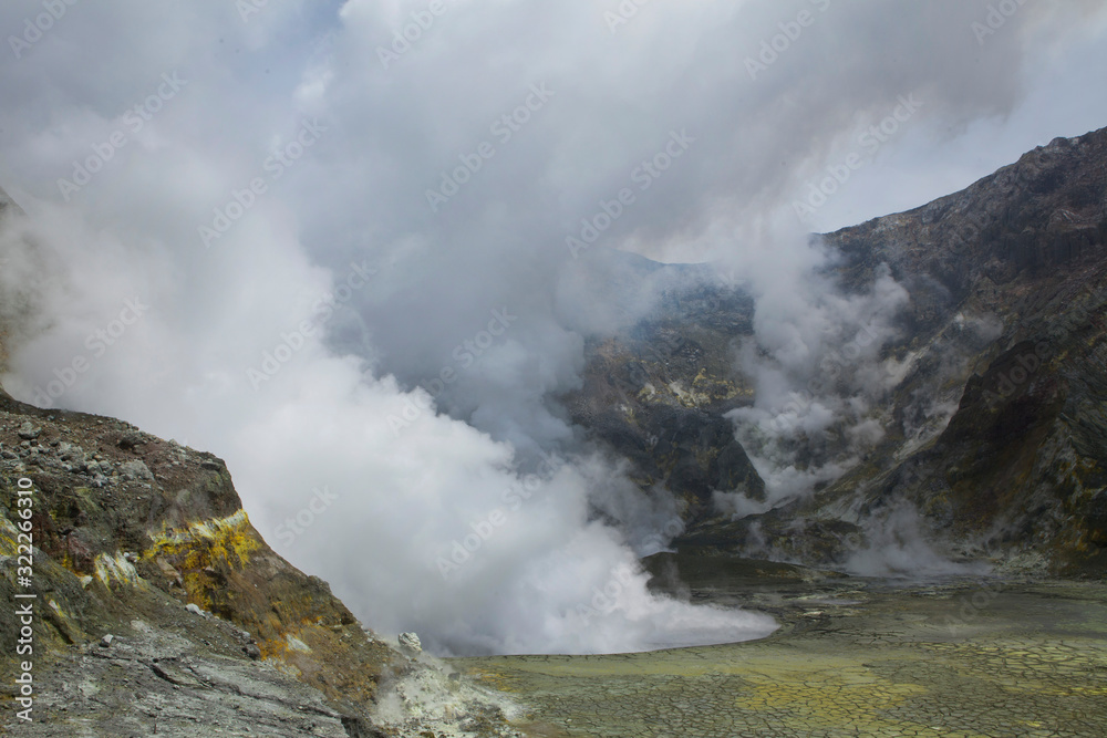 Whakaari / White Island New Zealand active volcano. Moonscape. Andesite stratovolcano Sulphur mining Whakaari / White Island New Zealand active volcano. Moonscape. Andesite stratovolcano Sulphur mining
