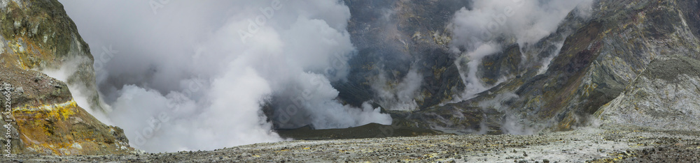 Whakaari / White Island New Zealand active volcano. Moonscape.  Andesite stratovolcano Sulphur mining