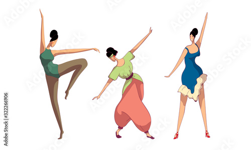 Women Wearing Dresses Performing Different Dances Vector Set