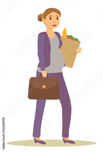 Future mom returning from work carrying products bought at groceries store. Pregnant businesswoman with briefcase and food in package. Isolated awaiting mother with suitcase, vector in flat style
