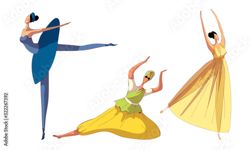 Women Wearing Dresses Performing Different Dances Vector Set