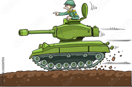 A cartoon army soldier in the turret of a tank