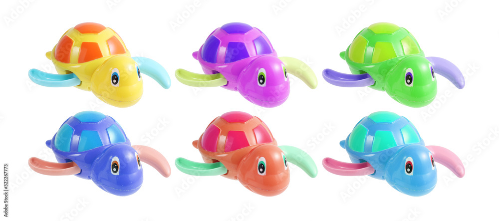 Group of plastic turtle toy isolated on white background, Toy for play in bathtub Group of plastic turtle toy isolated on white background, Toy for play in bathtub