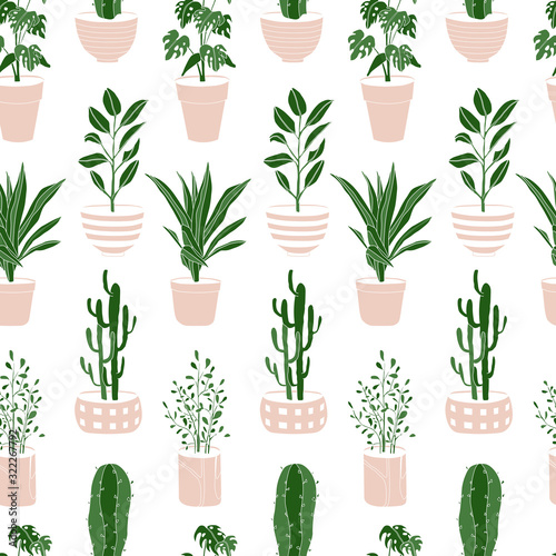 Plakat House plants cute seamless pattern. Home flowers in pots, vector flat illustartion for wrapping paper, baby textile fabric