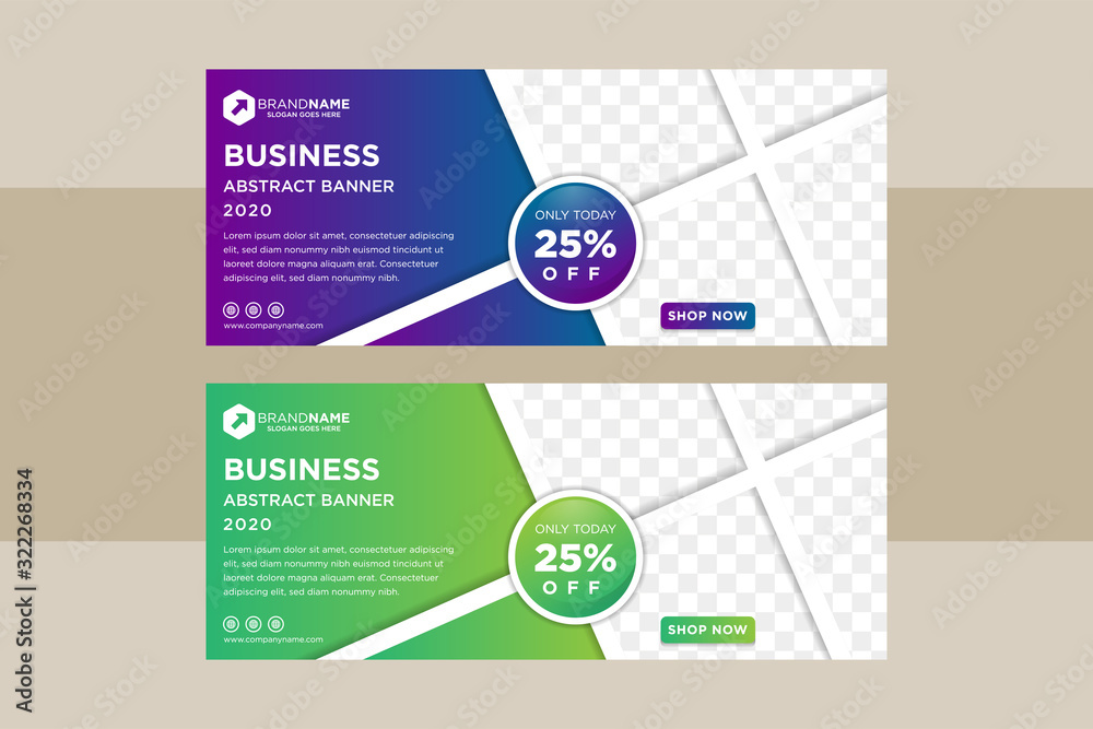 Collection blue and green horizontal business banner vector templates. Modern geometric abstract background layout for website design. Simple creative cover header. Mosaic space for photo collage.