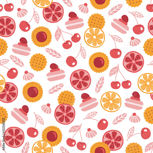 Food seamless pattern with cookie  macaron  leaves  cherry  strawberry  orange
