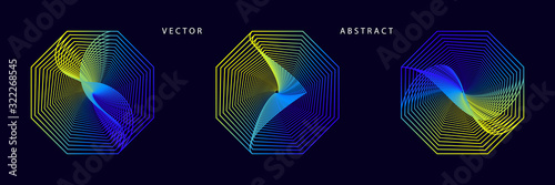 Set of Futuristic Octagonal Graphic Elements on Dark Background. Abstract Vector Symbols.
