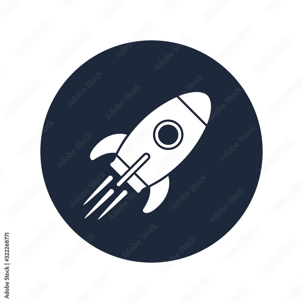 Rocket icon. Sign flying spaceship. Isolated symbol spacecraft in the circle on white background. Vector illustration Rocket icon. Sign flying spaceship. Isolated symbol spacecraft in the circle on white background. Vector illustration