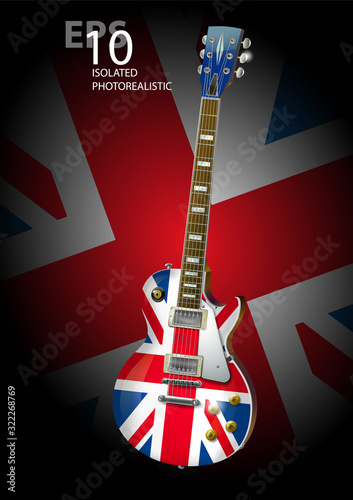 Isolated photo realistic vector illustration of guitar  with United Kingdom flag design. Painted in red white and blue stripes.  photo