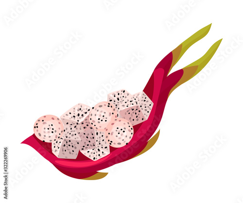 Pitaya Pulp Cut Into Cubes Rested in Leathery and Leafy Skin Vector Illustration