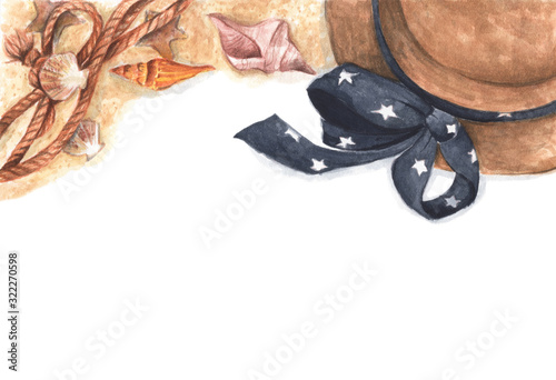 Summer holiday background, flat lay beach women's accessories: Straw hat with bow, rope and seashells on the sand. Copy space. Watercolor illustration.