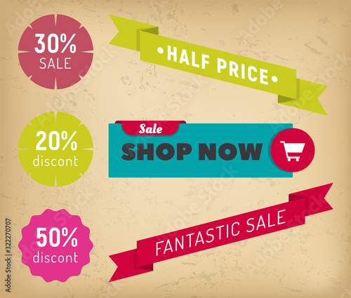 Shopping label set shop now, half price and ribbon fantastic sale. Colorful round stamp icon with discount promotion isolated on brown. Geometric sticker for business retail with special promo vector