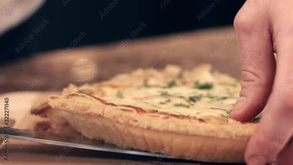 Chef Cuts Freshly Cooked Quiche And Flips It Around Chef Cuts Freshly Cooked Quiche And Flips It Around