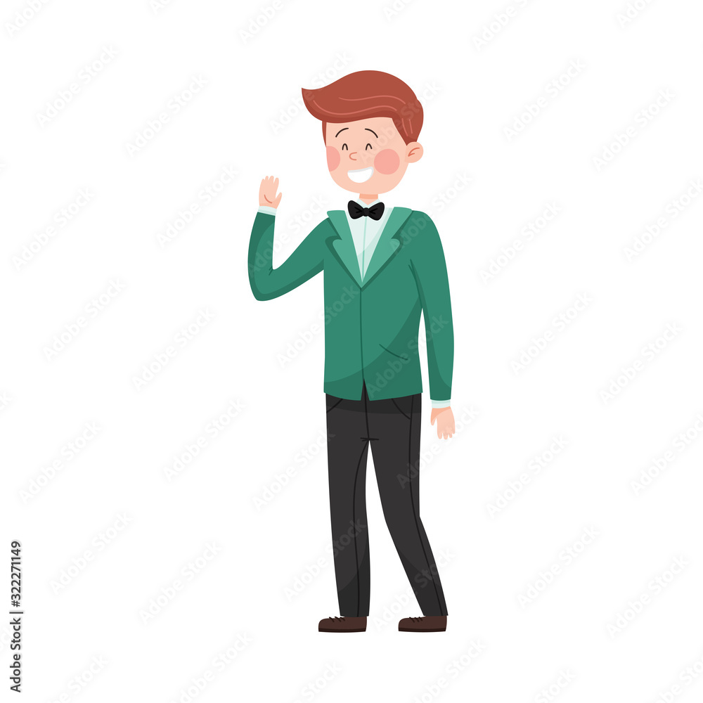 Young Smiling Man Wearing Evening Wear Waving Hand at Red Carpet Event Vector Illustration Young Smiling Man Wearing Evening Wear Waving Hand at Red Carpet Event Vector Illustration