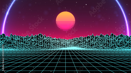 80s Retro Background. Virtual 3d Sunset over Wireframe Computer Landscape. Synthwave or Cyberpunk style. Neon Rainbow. Vector Illustration