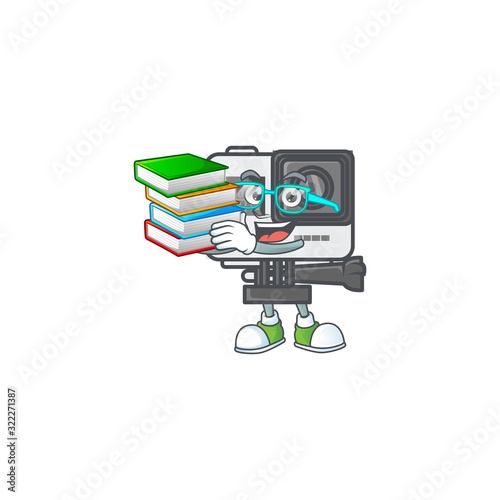 A brainy clever cartoon character of action camera studying with some books