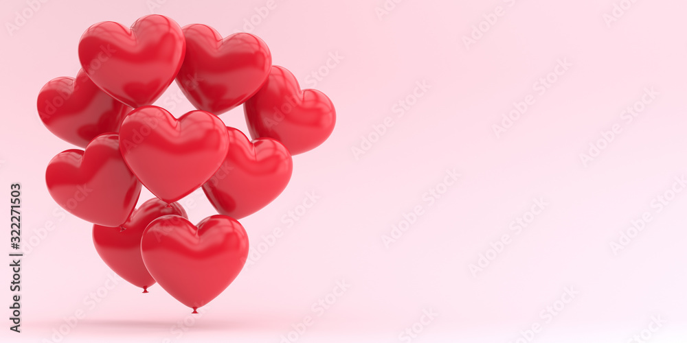 Valentine's Day. Many red balloon hearts on a pink background. 3d render illustration for advertising.