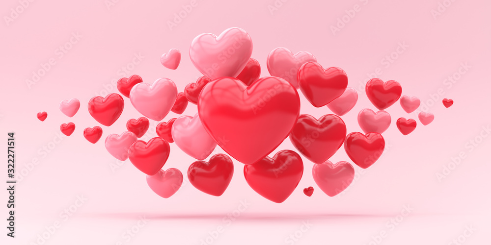 Many red and pink hearts on a pink background. 3d render illustration for advertising. Valentine's Day.