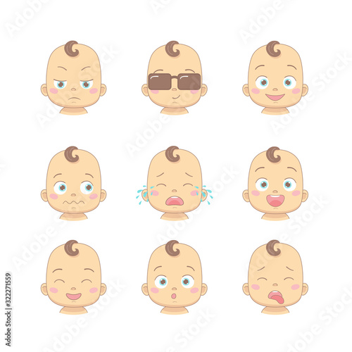 Set of cute cartoon baby or toddler with different funny emotions in flat design cartoon character. Cute children with dissatisfied, business, smiling, crying, laughing, smiling and disgusted face.