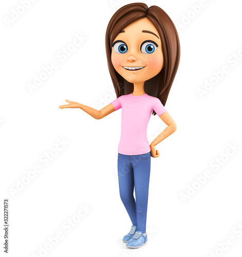 Cheerful cartoon girl character on a white background points a hand to an empty place. 3d render illustration.