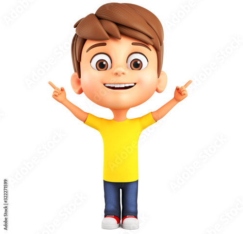 Boy cartoon character points his finger up on a blank space. 3d render illustration. photo