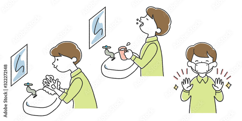 手洗い うがい マスクで予防の説明イラスト Stock Illustration Adobe Stock