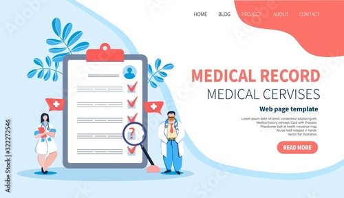 Medical Record. Doctors. Testing patient card. Medical card. Template for website,landing page. Flat vector illustration. Tiny people medical concept
