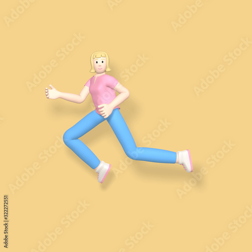 3D rendering character a young, happy, cheerful girl jumping and dancing on a yellow background. Abstract minimal concept youth, college, school, happiness, success, victory.