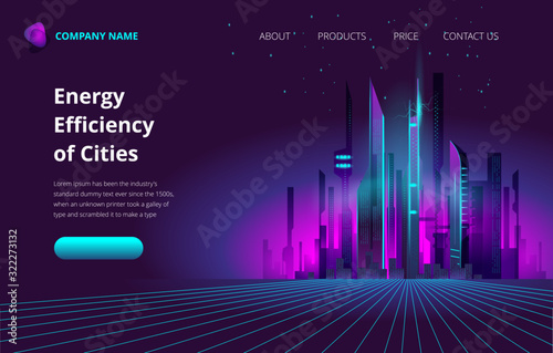 Fantastic city in the style of cyberpunk. Vector illustration in retro style in neon colors. Night city of the future. The first screen template for the landing page.