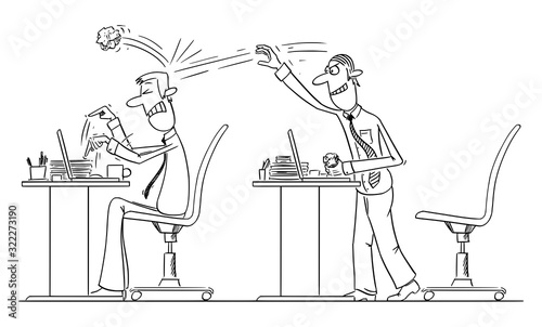 Vector funny comic cartoon drawing of office worker or businessman throwing crumpled paper ball on colleague working on computer. Bullying in work.