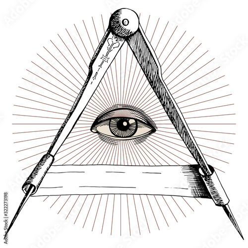Vector occult icon. Freemason sign all-seeing eye symbol. Ancient compass measuring instrument. Drawing by hand. Element of decorating an old geographical map. 