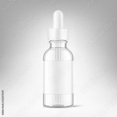 Dropper bottle mockup on grey background. Vector illustration. Front view. Сan be used for cosmetic, medical and other needs. EPS10	
