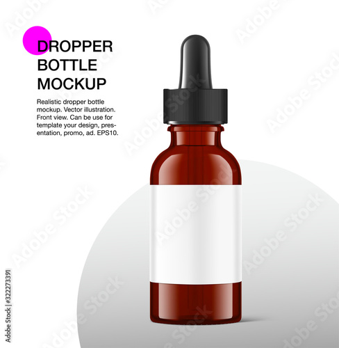 Dropper bottle mockup on grey background. Vector illustration. Front view. Сan be used for cosmetic, medical and other needs. EPS10	