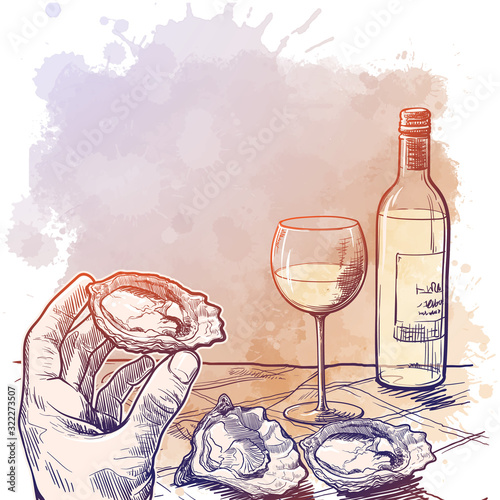 Still life drawing witha a hand holding oyster bottle of white wine and a couple of oysters laying on a table. Template for a restaurant menu. Sketch on a watercolor textured background. EPS10 vector