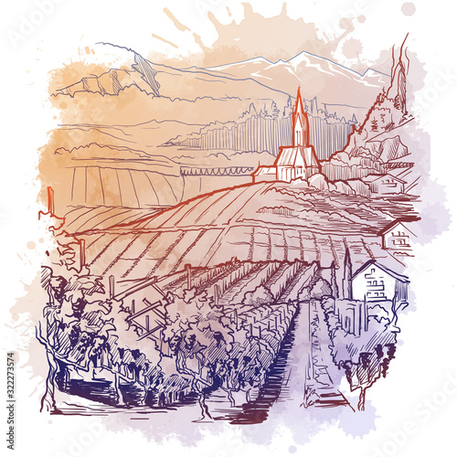 Vinyard in Tirol Alps, Austria. Rural panorama of the mountain valley with a grapevine plantation and village. Vintage design. Linear sketch on a watercolor textured background. EPS10 vector.