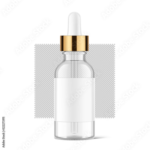 Dropper bottle mockup on grey background. Vector illustration. Front view. Сan be used for cosmetic, medical and other needs. EPS10	