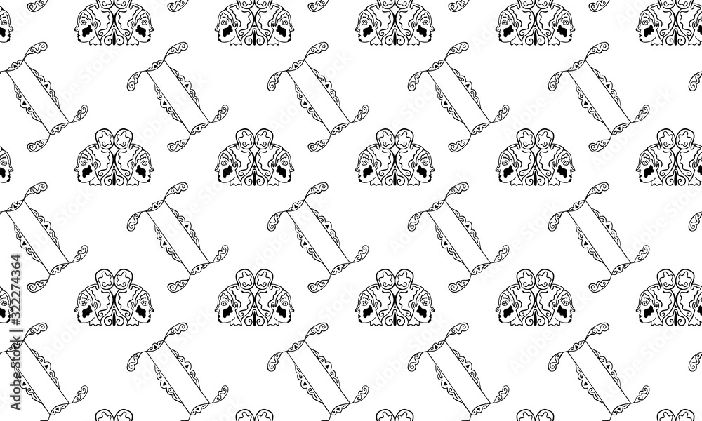 Black and white seamless pattern for the zodiac sign Gemini from vintage doodles. Pair of female heads in patterns and hand-drawn astrological symbols. Monochrome texture for textile, clothes. Vect Black and white seamless pattern for the zodiac sign Gemini from vintage doodles. Pair of female heads in patterns and hand-drawn astrological symbols. Monochrome texture for textile, clothes. Vect