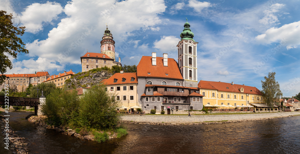 Panorama of church and castle in Cesky Krumlov from Vltava river, Czech republic
