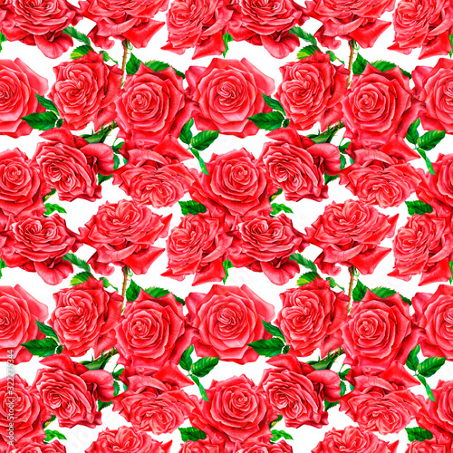 Red Floral seamless pattern, flower roses on an isolated white background, watercolor flowers, botanical illustration